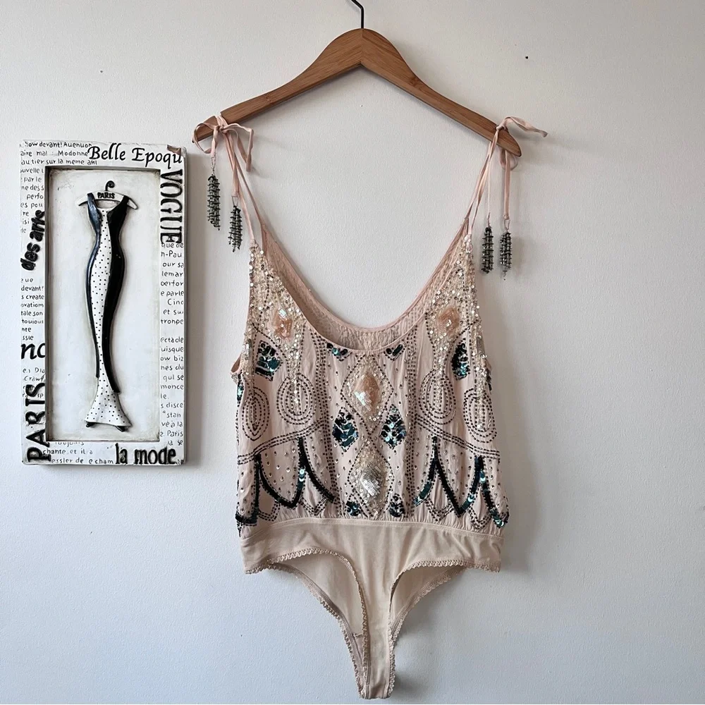 NWT Intimately Free People Glam Ivory Sequin Thong Boho Bodysuit Size S - Picture 5 of 9